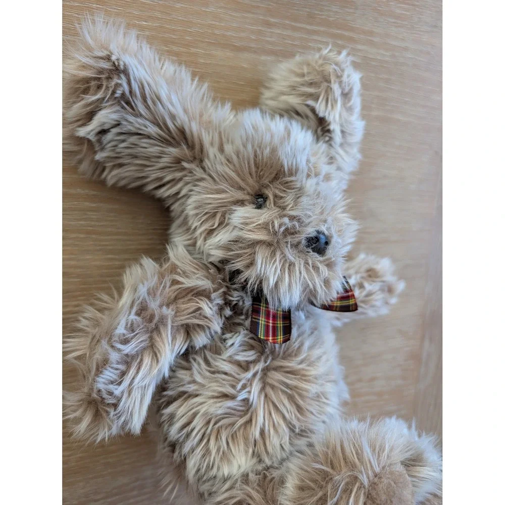 Vintage Gund Shaggy Brown Dog Plush Plaid Bow Tie‎ Soft Stuffed Animal Puppy Toy